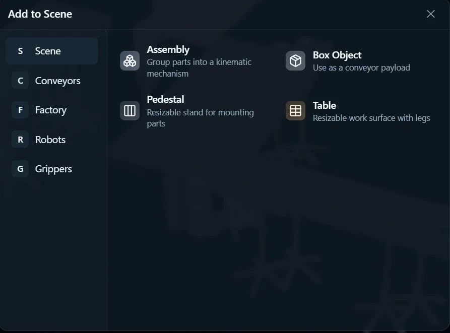 The RoboViewer Add to Scene library dialog