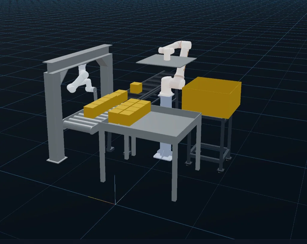 A robot workcell simulated in the RoboViewer 3D viewport